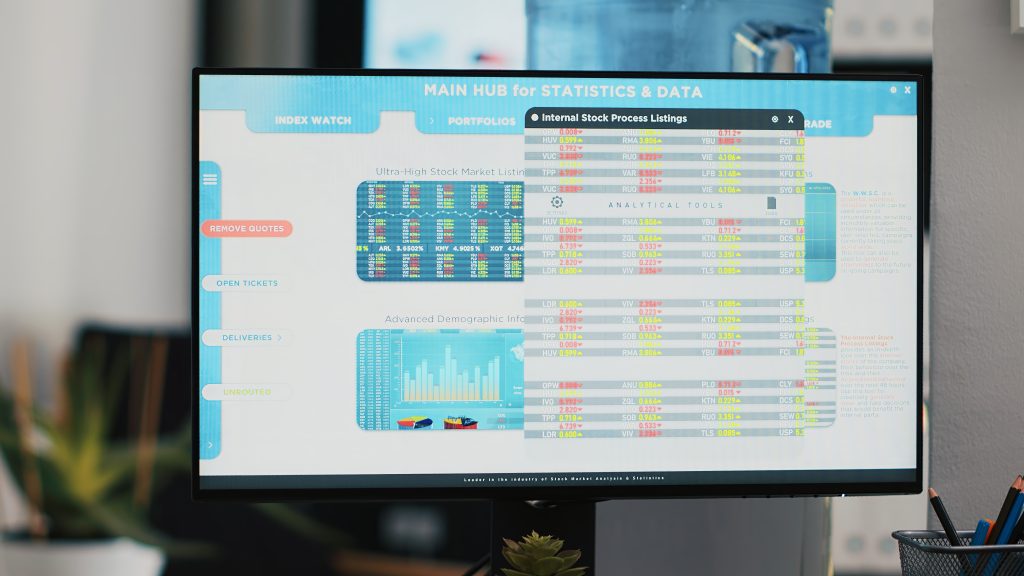 Stock portfolio on computer monitor containing collection of financial assets